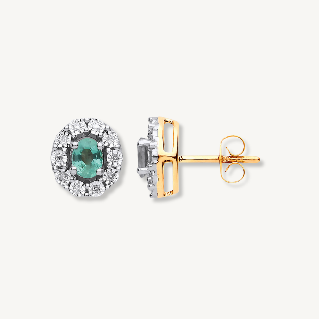 Emerald & Diamond Oval Stud Earrings – 9ct Yellow Gold