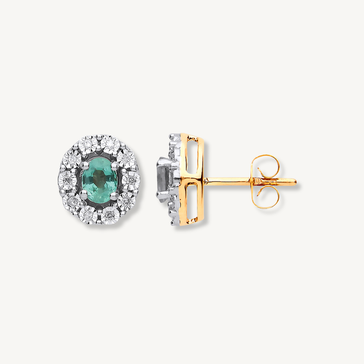 Emerald & Diamond Oval Stud Earrings – 9ct Yellow Gold
