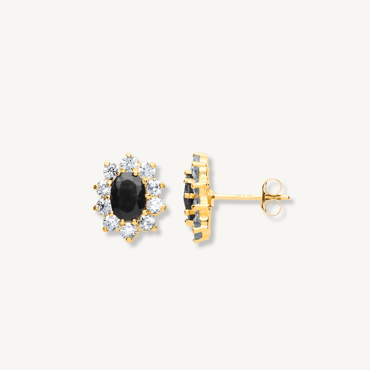 Black Sapphire Cluster Stud Earrings – 9ct Yellow Gold
