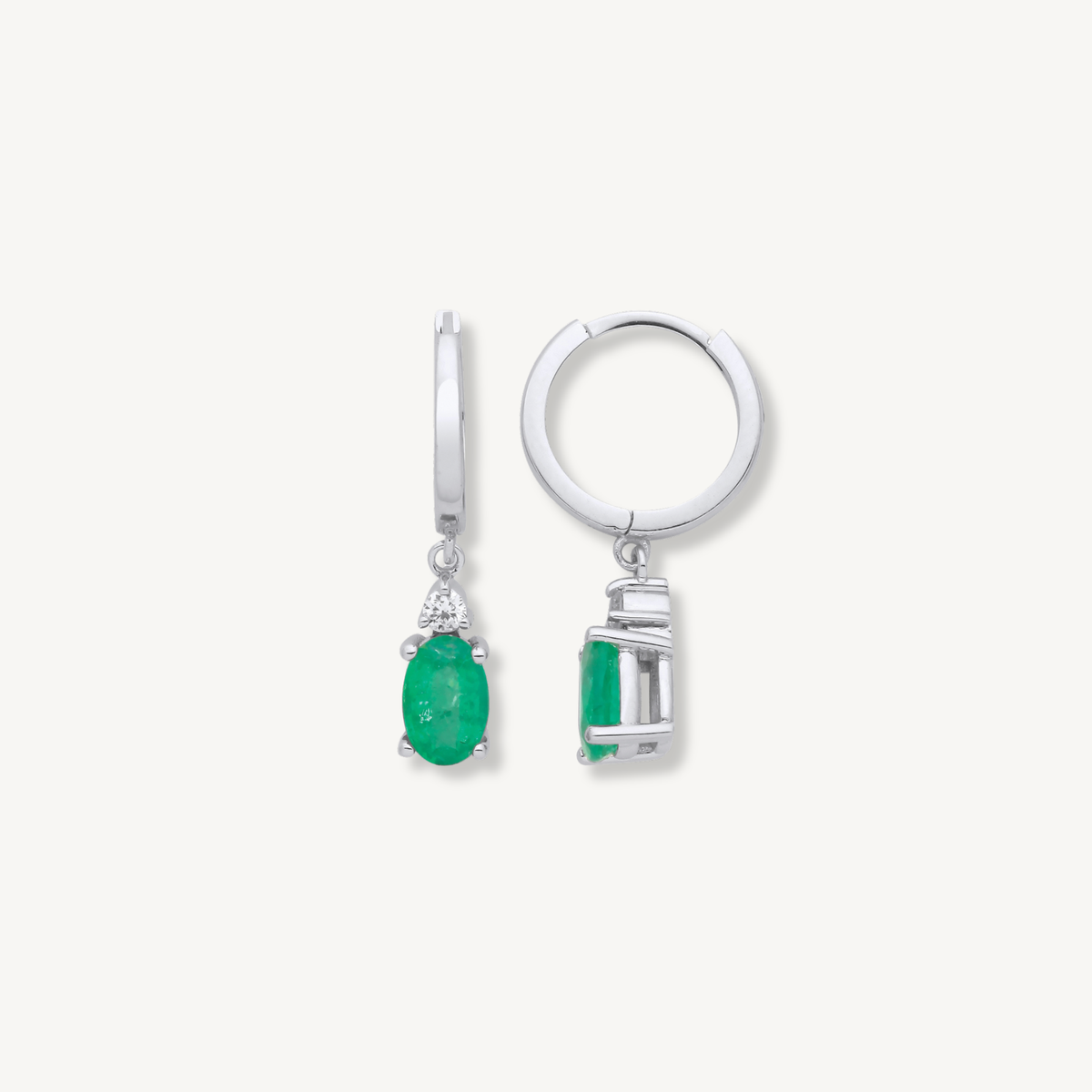 Emerald & Diamond Drop Hoop Earrings – 9ct White Gold