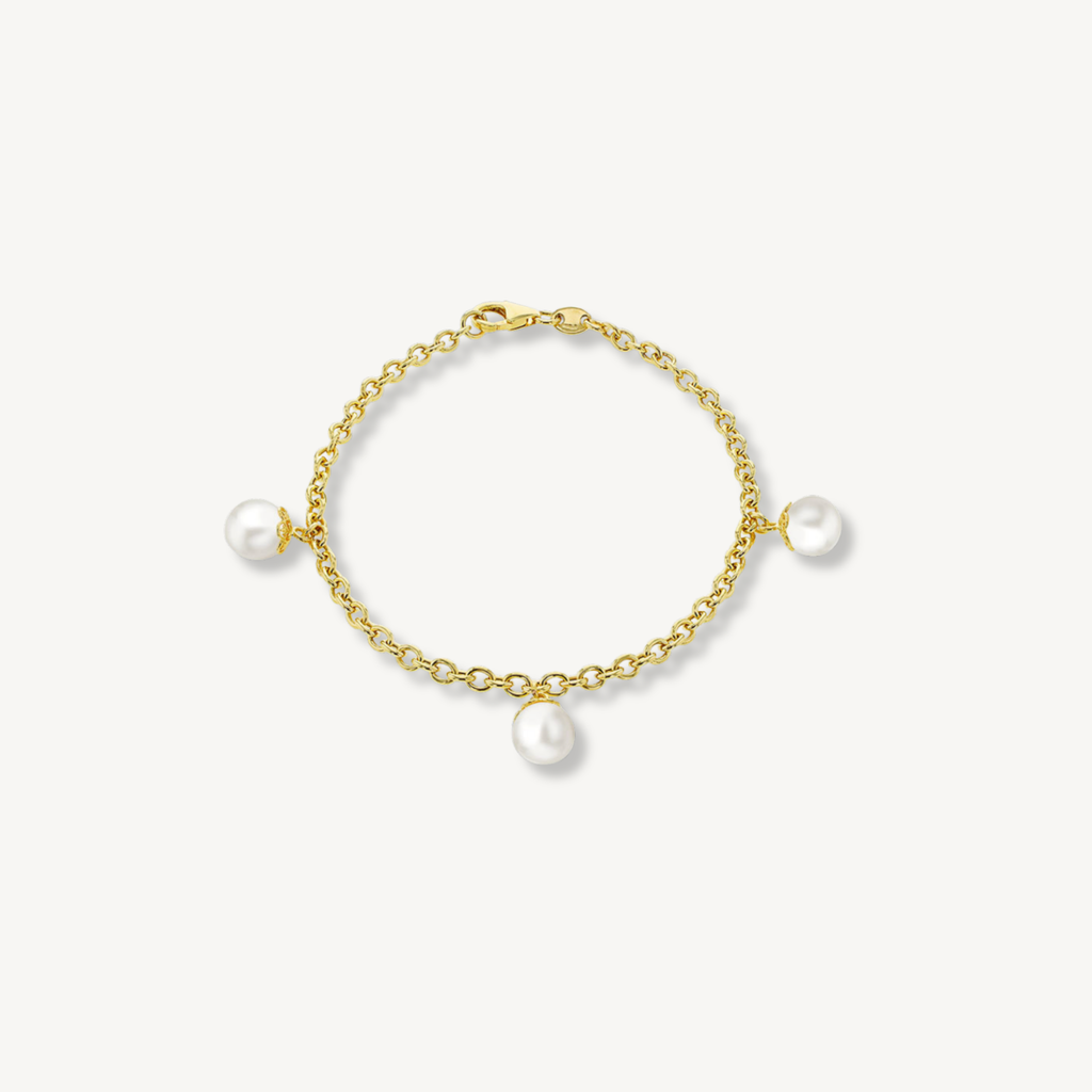 Pearl drop belcher bracelet in 9ct yellow gold with three 8mm freshwater pearls
