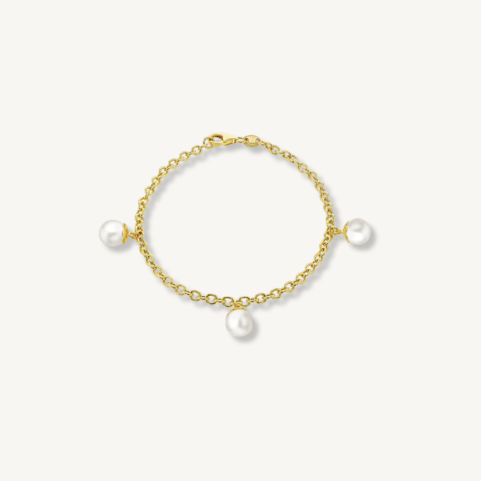 Pearl drop belcher bracelet in 9ct yellow gold with three 8mm freshwater pearls