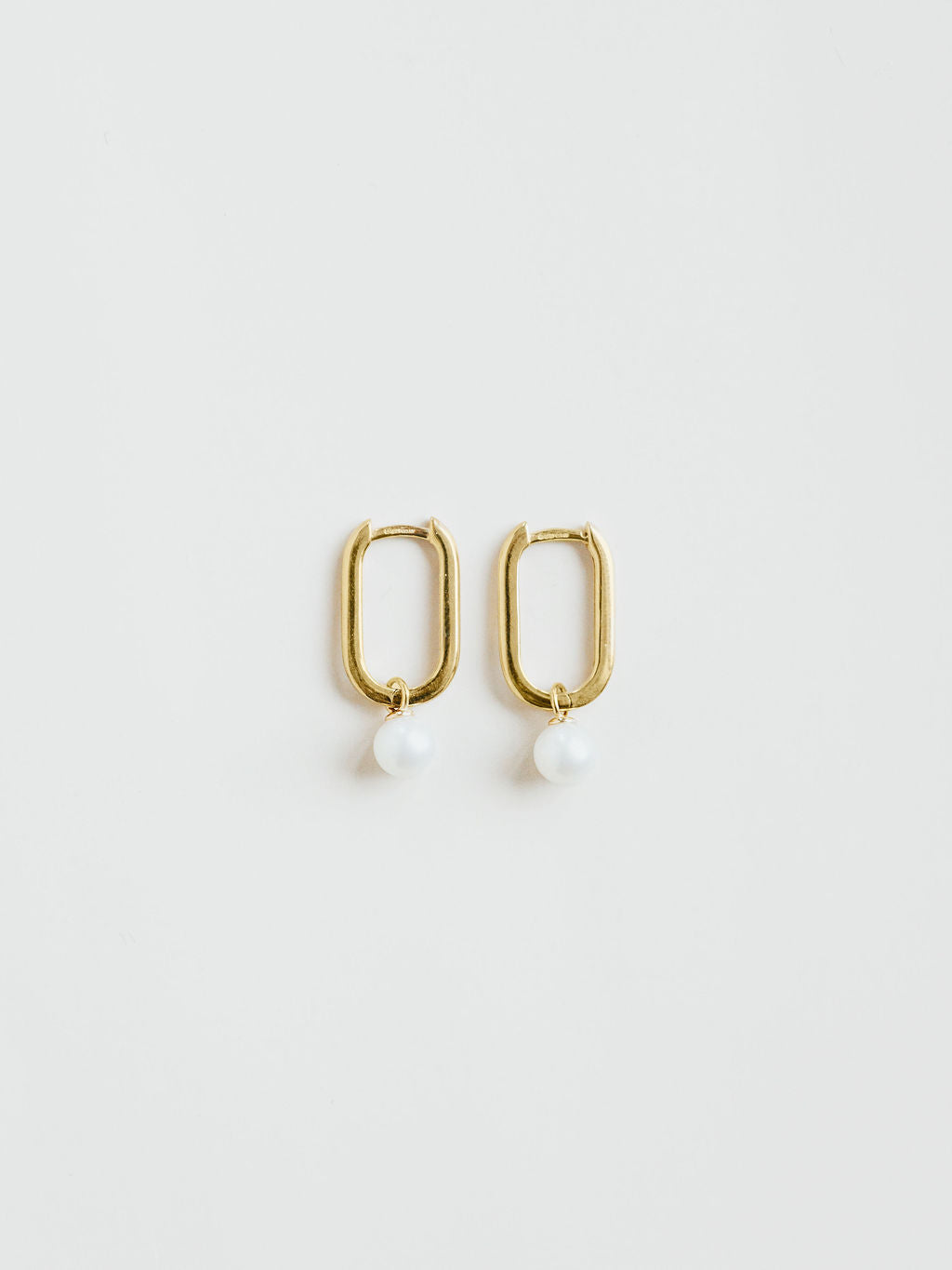 9ct yellow gold rectangle hoops with pearl drops, close up detail