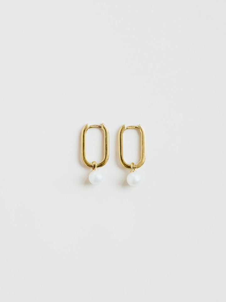9ct yellow gold rectangle hoops with pearl drops, close up detail