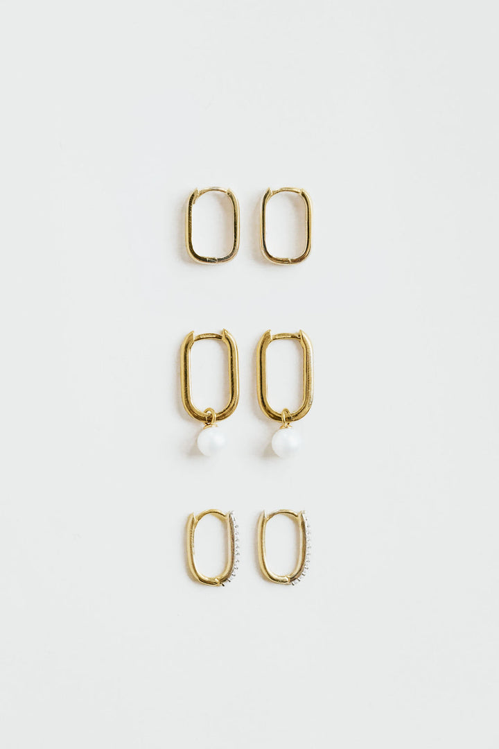 Pearl drop rectangle hoop earrings in 9ct yellow gold, worn