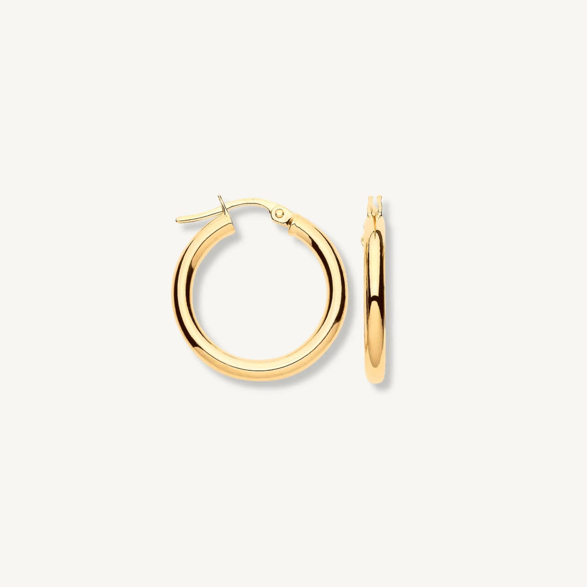 Solid 9ct yellow gold 20mm tube hoop earrings on white background