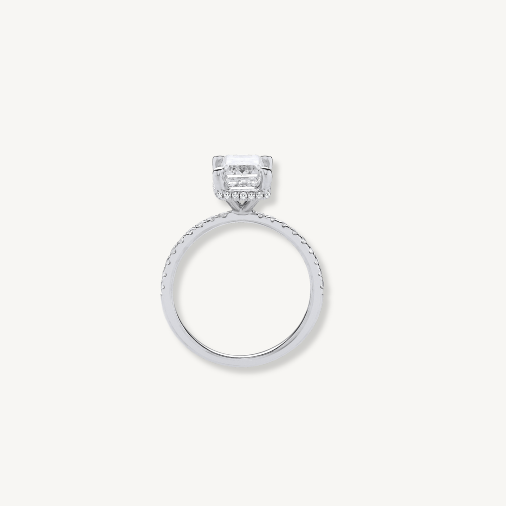 2.25ctw emerald cut lab grown diamond engagement ring with diamond-set band in 18ct white gold
