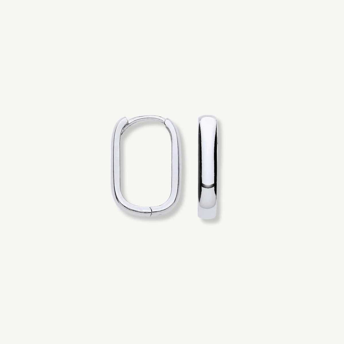 Chunky rectangle huggie hoops in solid gold, side profile view