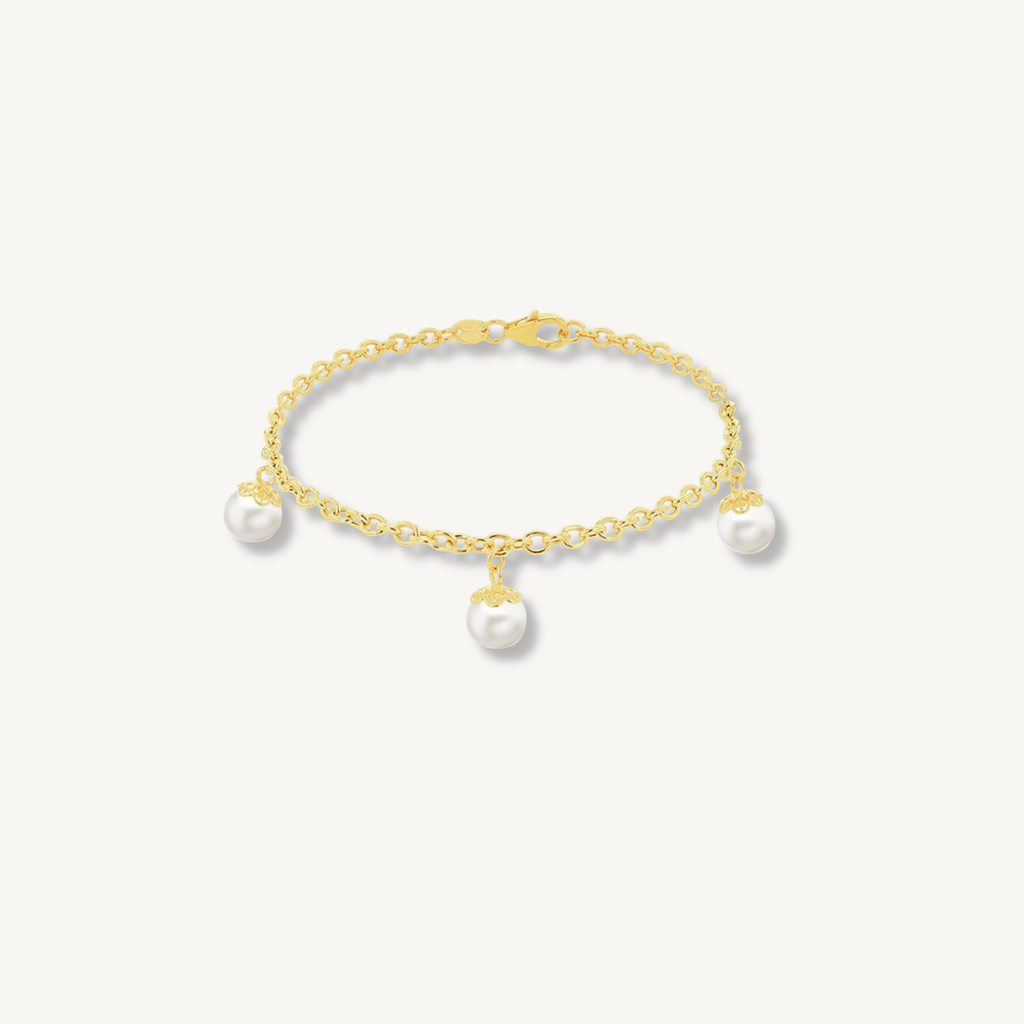 9ct yellow gold belcher bracelet with freshwater pearl drops worn view