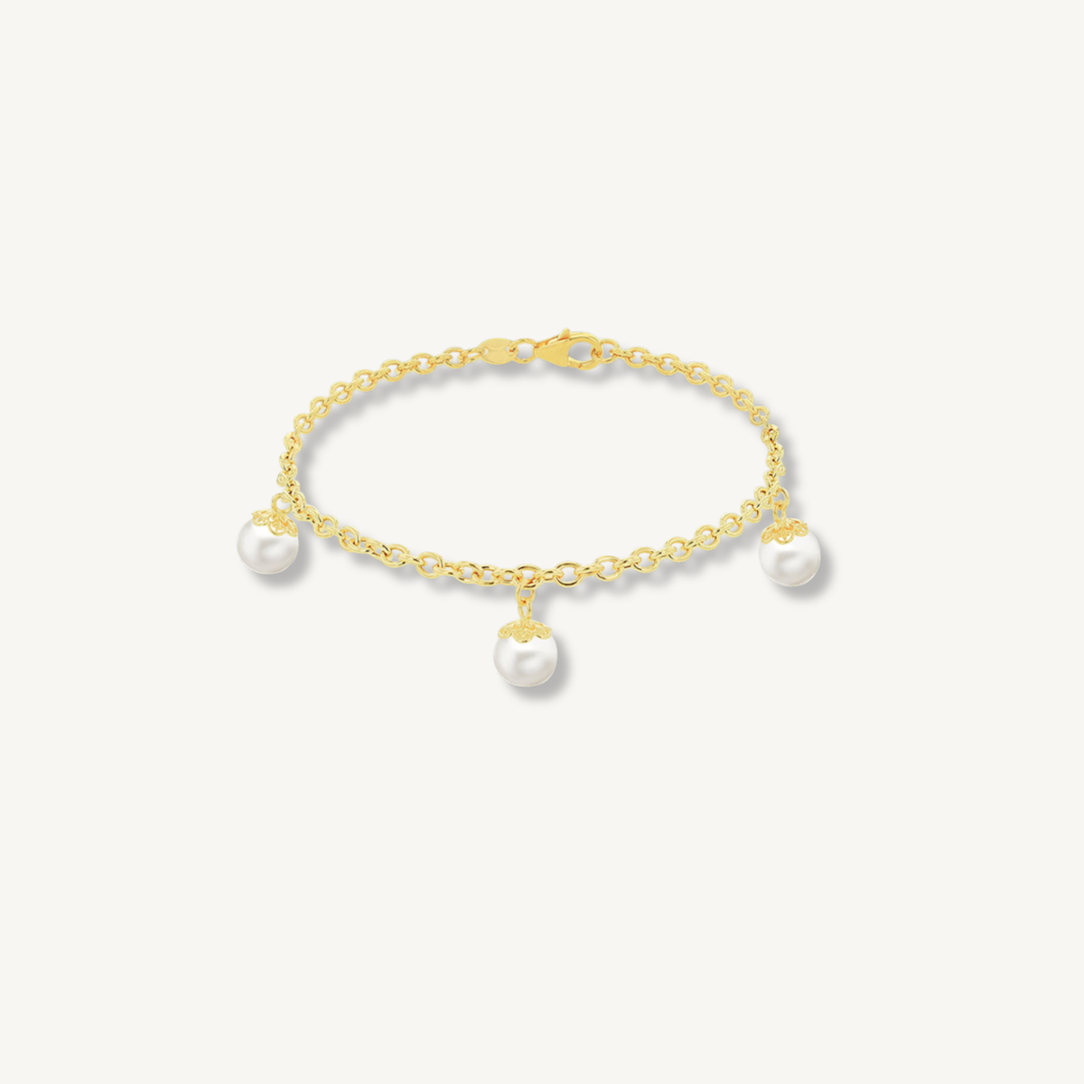 9ct yellow gold belcher bracelet with freshwater pearl drops worn view