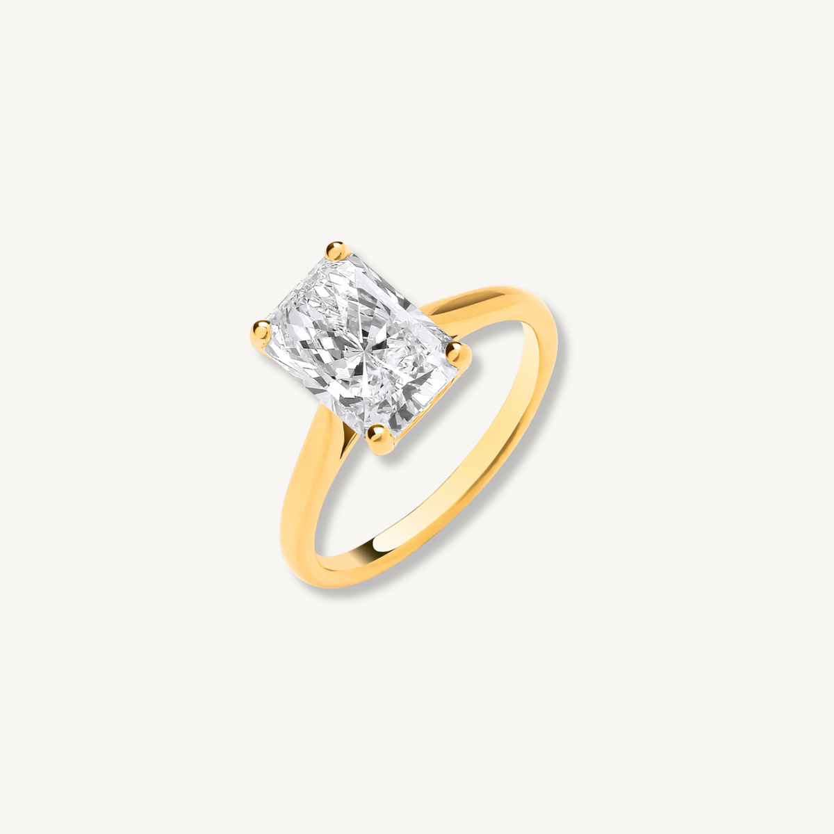 3ct radiant cut lab grown diamond engagement ring in 18ct yellow gold, alternate view