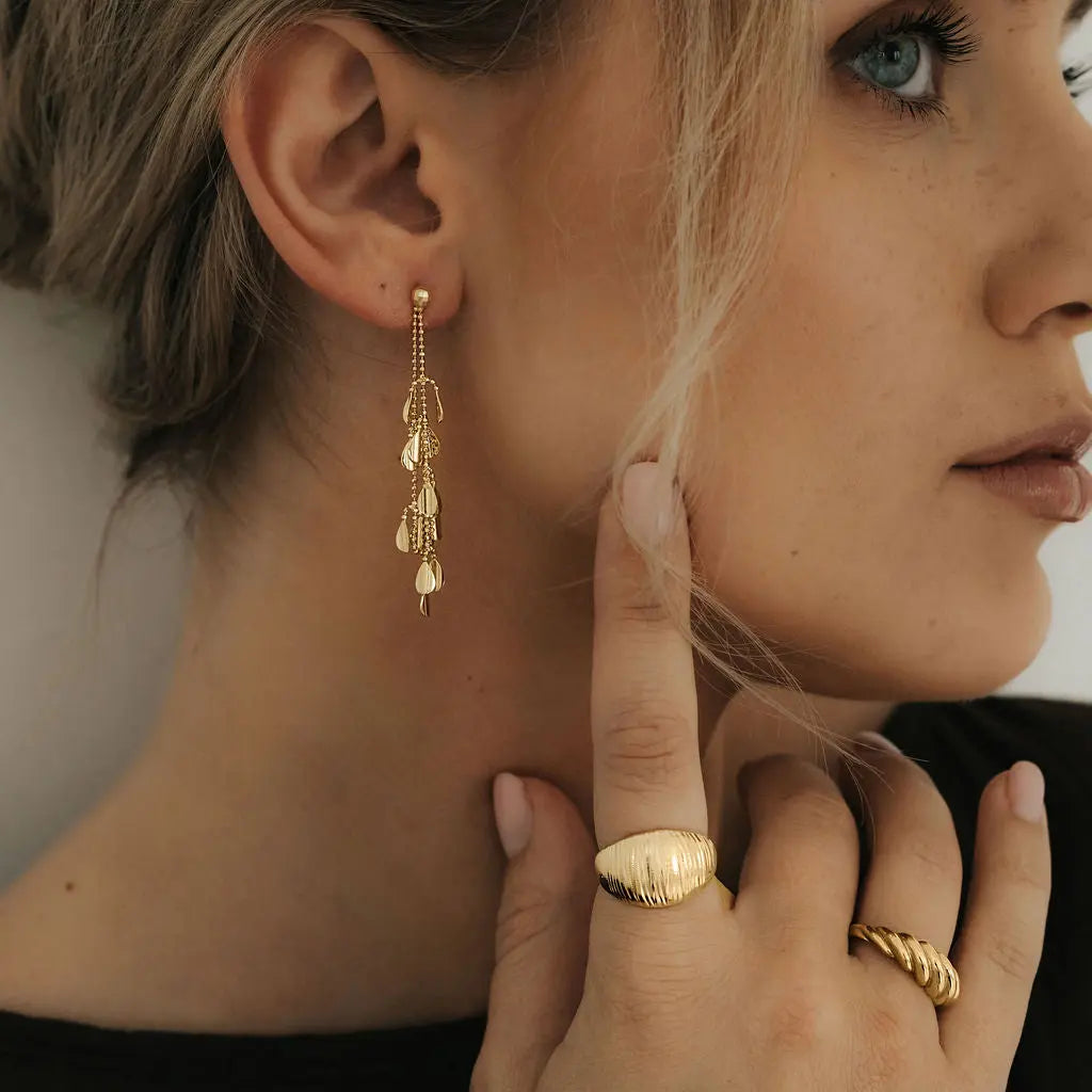9ct yellow gold cascade drop earrings with multiple gold drops, 52mm length