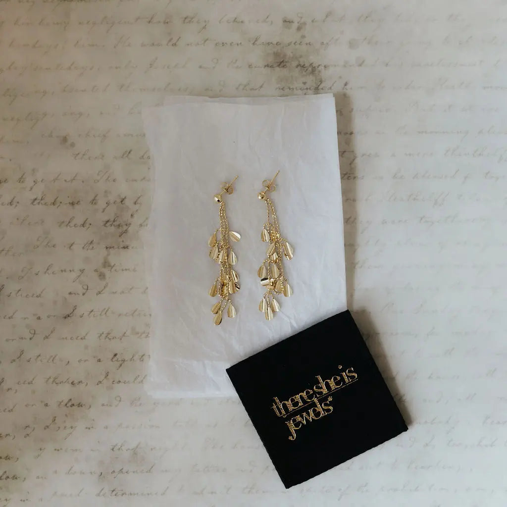 9ct yellow gold cascade drop earrings side view