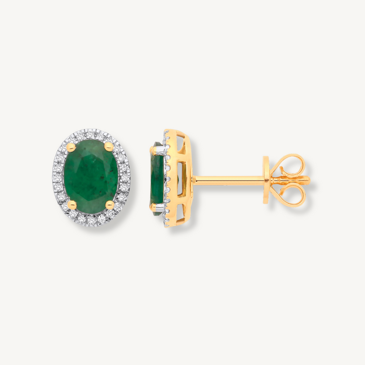 Oval Emerald & Diamond Halo Stud Earrings – 18ct Yellow Gold
