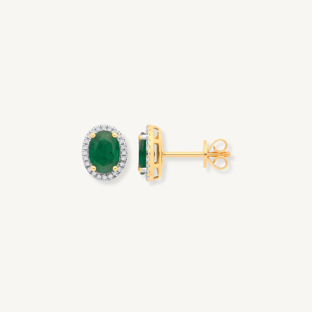 Oval Emerald & Diamond Halo Stud Earrings – 18ct Yellow Gold THERESHEIS.jewels*
