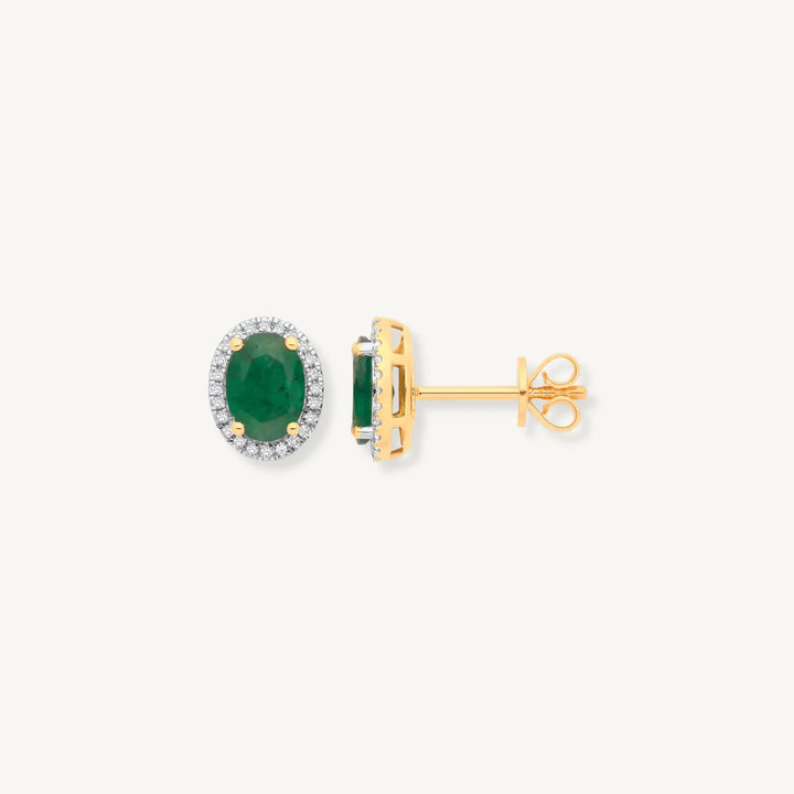 Oval Emerald & Diamond Halo Stud Earrings – 18ct Yellow Gold THERESHEIS.jewels*