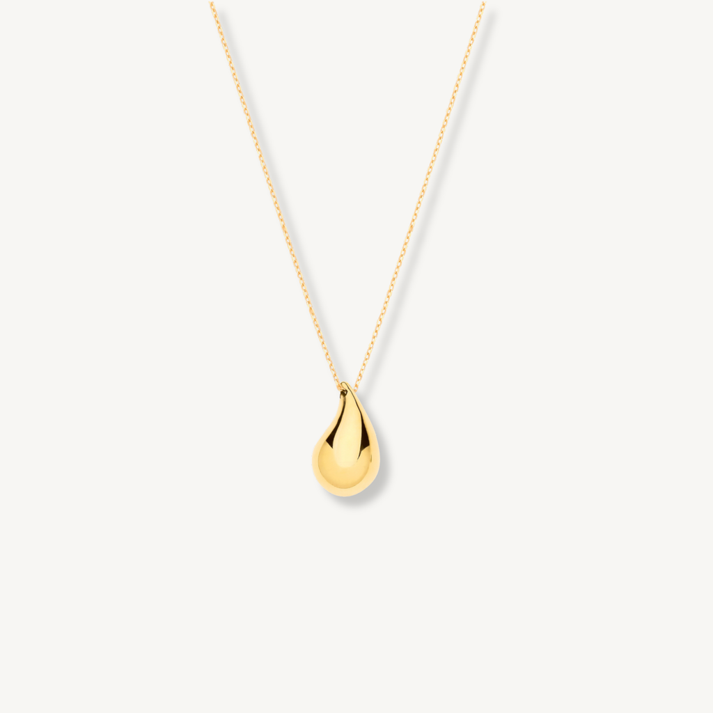 Puffed teardrop pendant necklace in solid 9ct yellow gold on fine chain