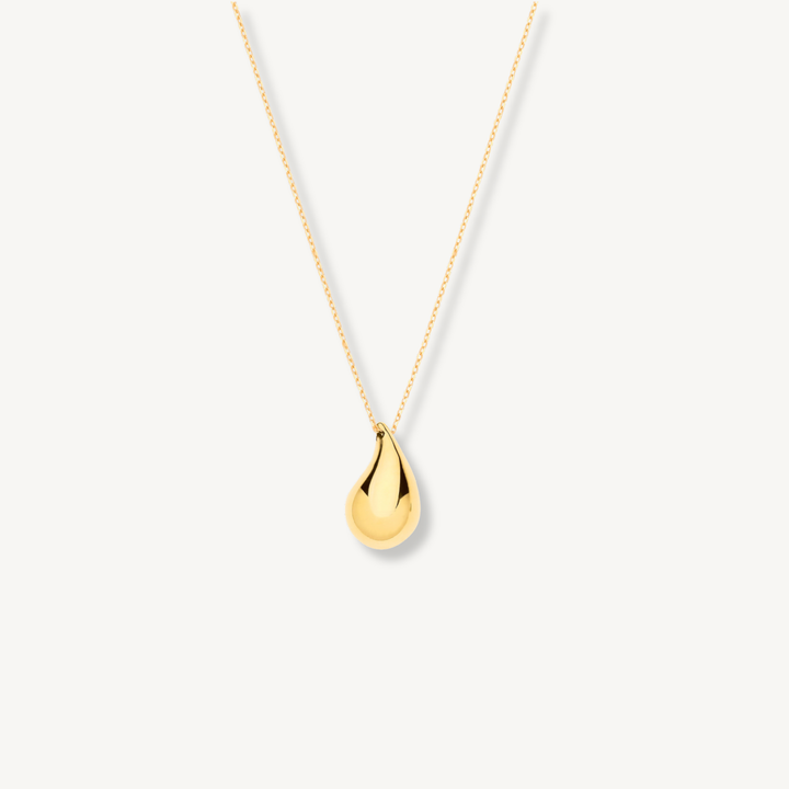Puffed teardrop pendant necklace in solid 9ct yellow gold on fine chain