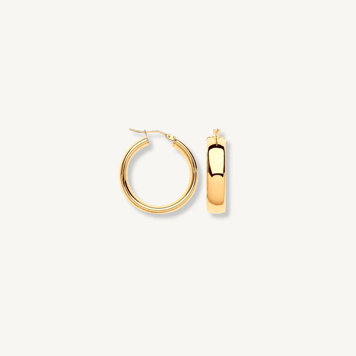 Court tube hoop earrings 25mm in 9ct yellow gold, 6mm wide polished profile