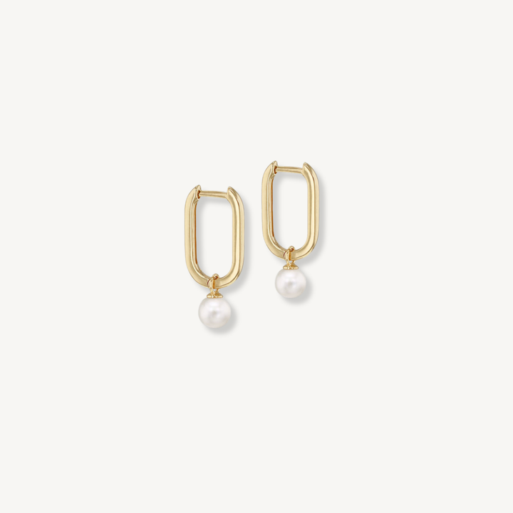 Pearl drop rectangle hoop earrings in 9ct yellow gold with removable freshwater pearls