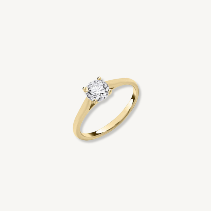 1ct round brilliant lab grown diamond engagement ring in 9ct yellow gold, four claw solitaire