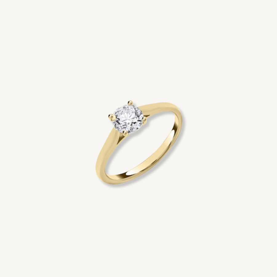 1ct round brilliant lab grown diamond engagement ring in 9ct yellow gold, four claw solitaire