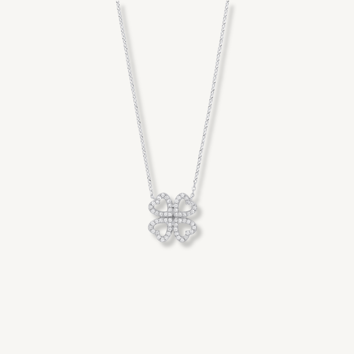 Solid 9ct white gold diamond four-leaf clover necklace
