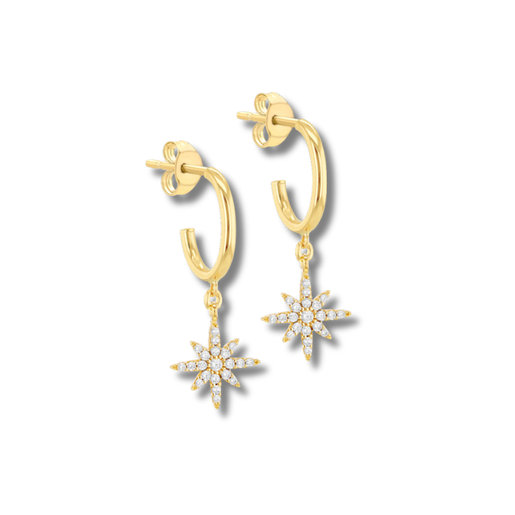 9ct Gold North Star Drop Hoops