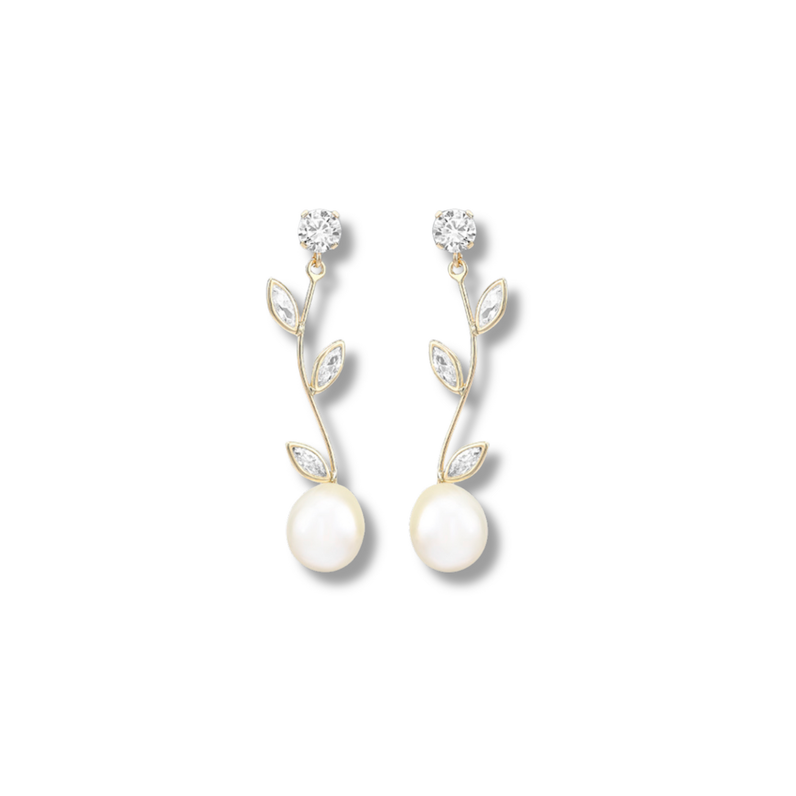 Pair of pearl earrings with gold accents on a white background
