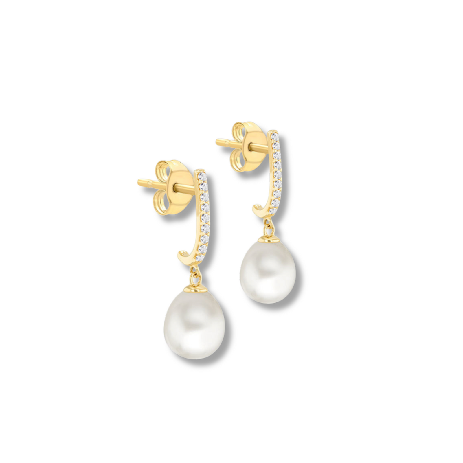 Gold and pearl earrings on a white background