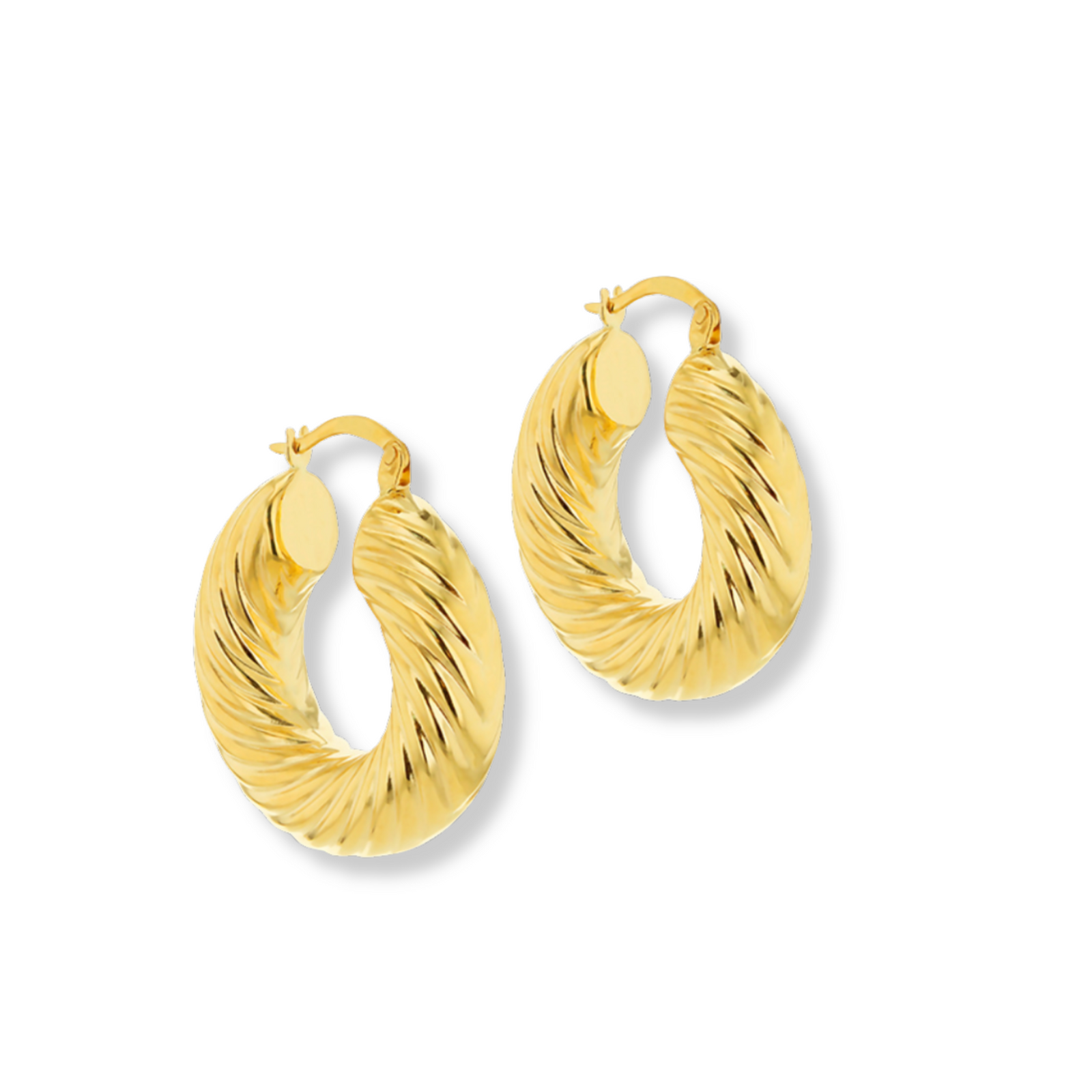 Pair of gold hoop earrings on a white background