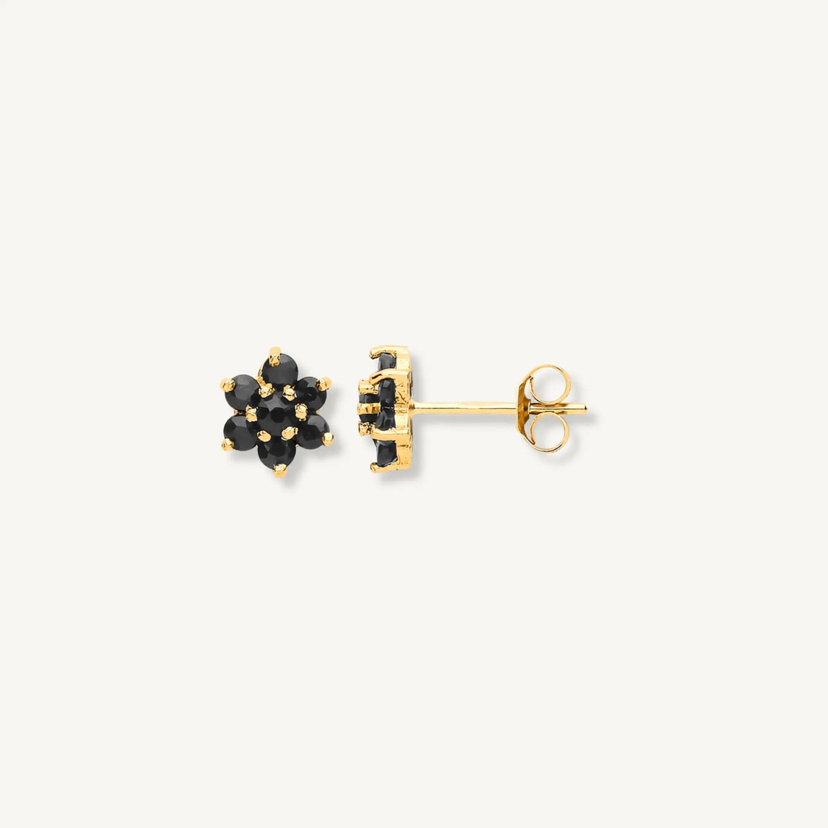 Gold earrings with black gemstones on a white background