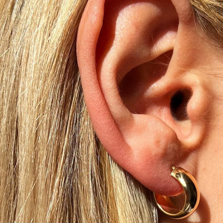 9ct Gold Creole Earrings – D-Shaped Wedding Band Style, Mini Hoop, Lightweight Everyday Luxury Gift