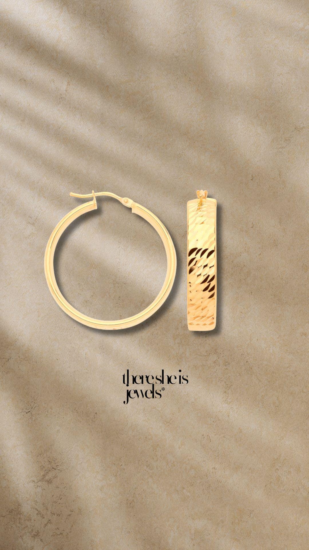 9ct Gold Hoop Earrings | 25mm Diamond Cut, Wide Hoops