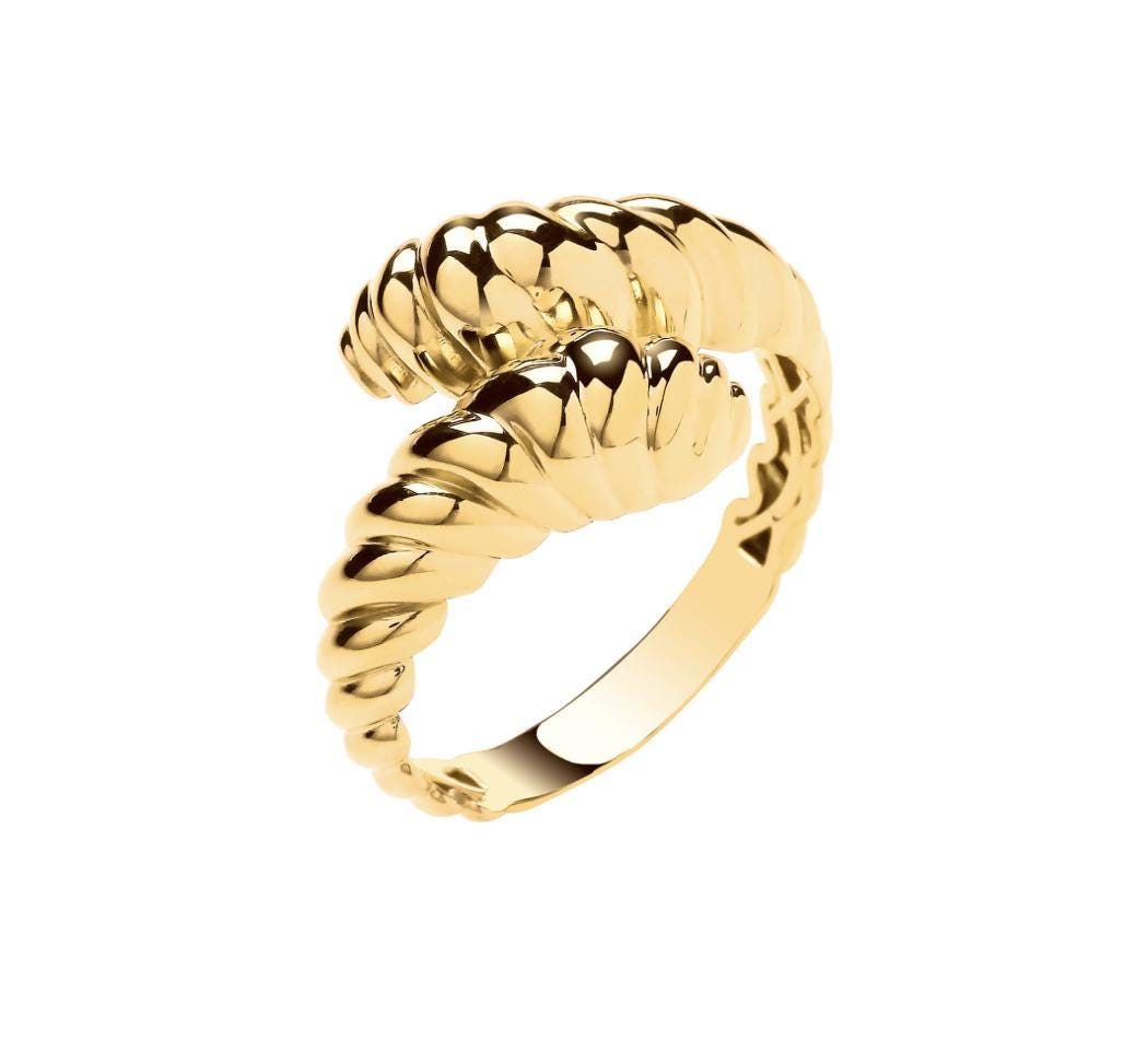 9ct Gold Ribbed Crossover Ring Chunky Yellow Gold Statement Ring for Everyday Wear