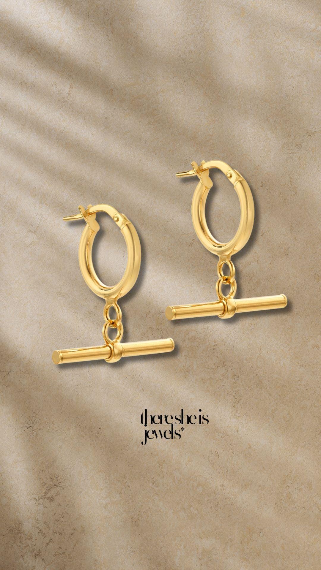 9ct Yellow Gold T-Bar Hoop Earrings | Modern Creole Hoops
