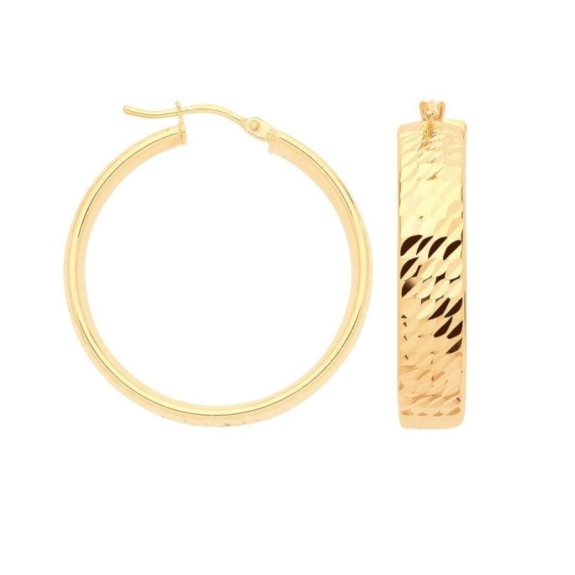 9ct Gold Hoop Earrings | 25mm Diamond Cut, Wide Hoops